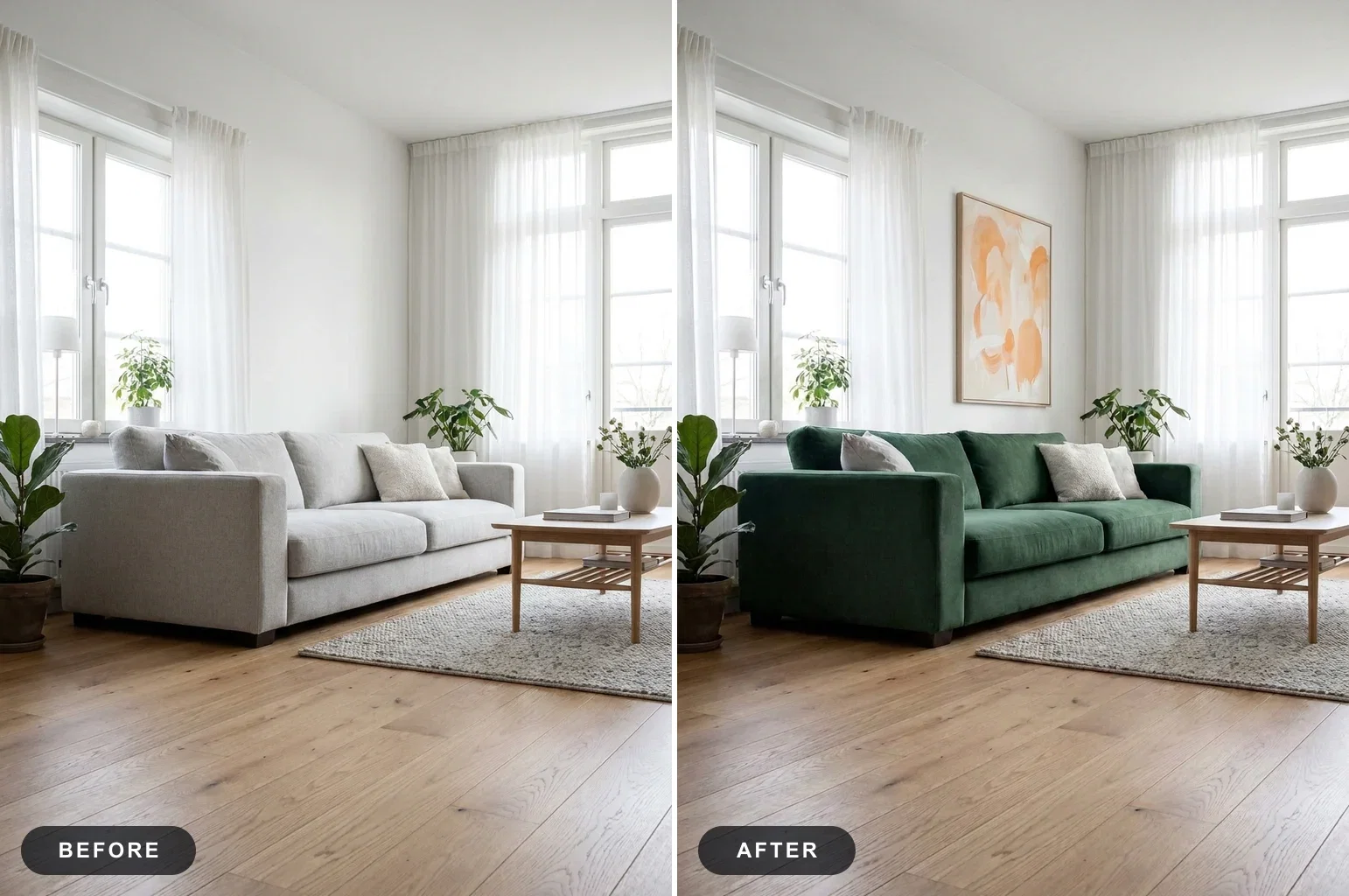 Before and after of the same living room where one instruction recolored the sofa to green velvet and added wall art, edited with Nano Banana Pro on FluxoKit