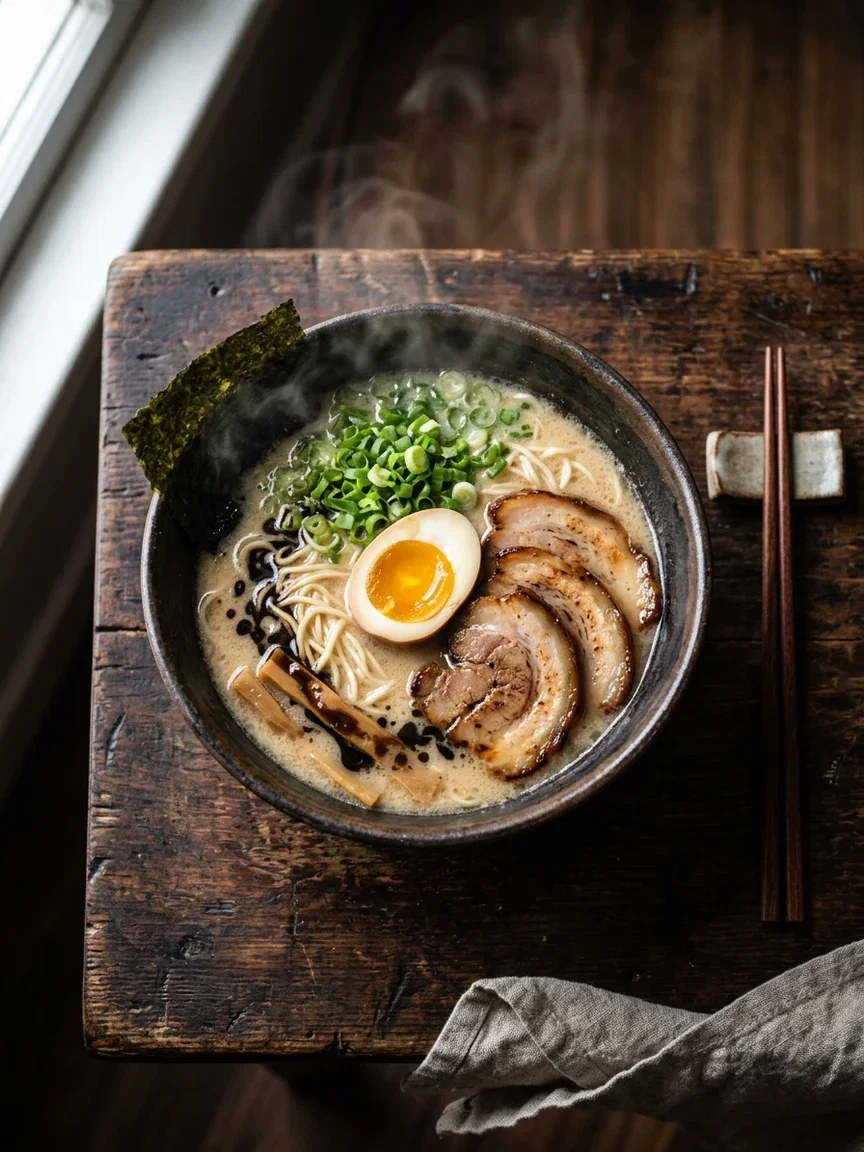 Overhead shot of steaming tonkotsu ramen on a dark wooden table, generated with Nano Banana 2 on FluxoKit