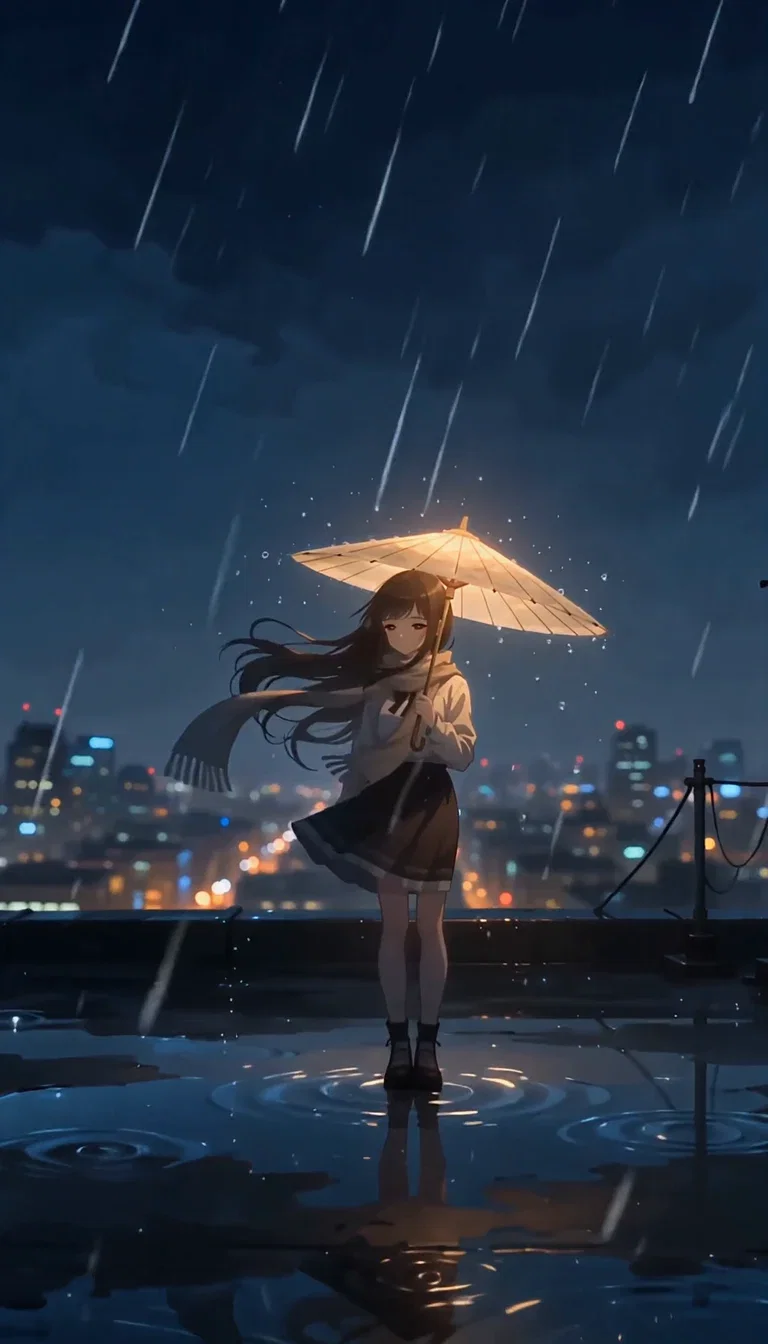 Anime girl with a glowing paper umbrella on a rainy rooftop over city bokeh, generated with PixVerse V6 on FluxoKit