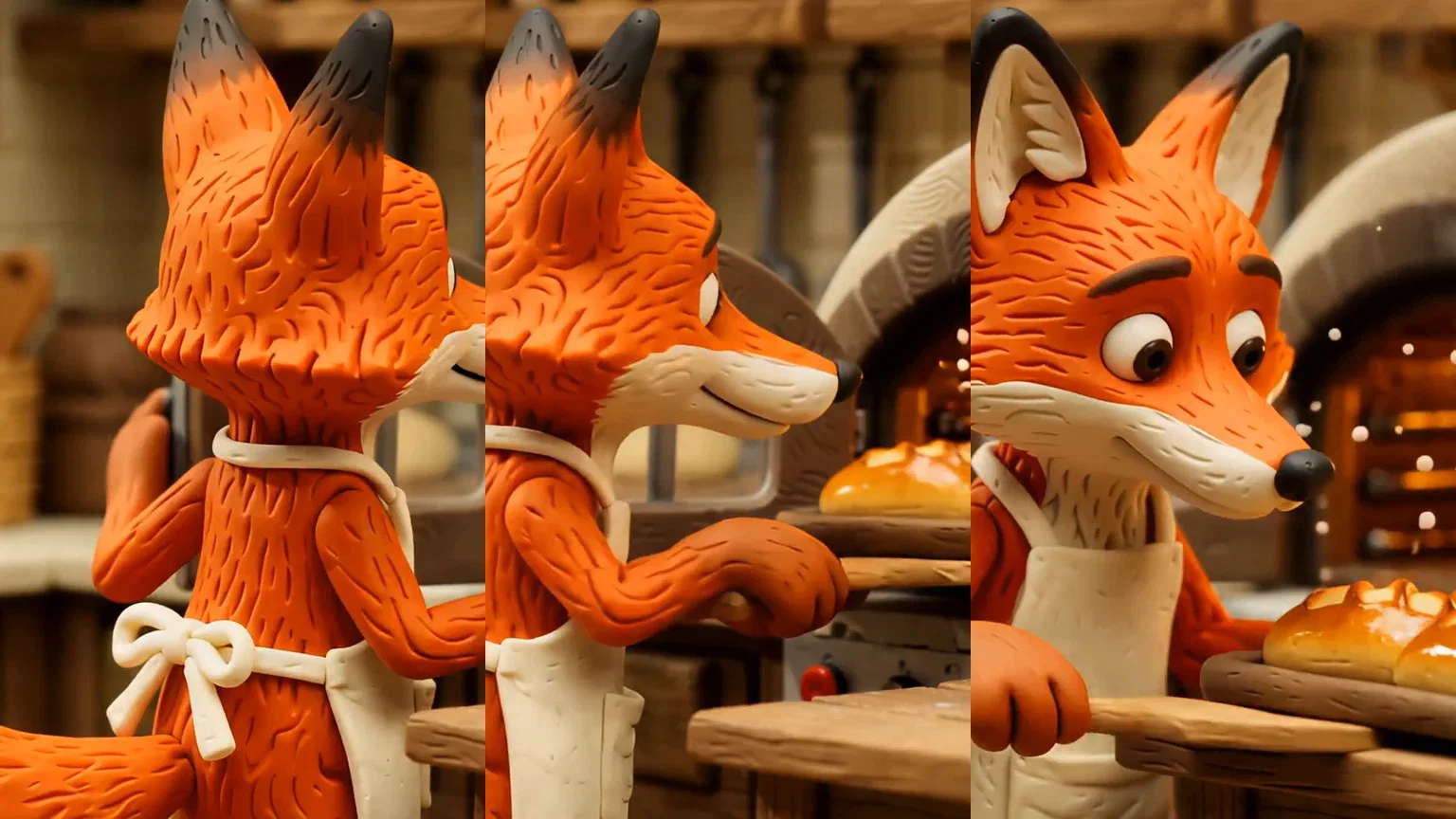 Three-beat strip of the clay fox baker's oven pull from one PixVerse V6 take, generated on FluxoKit
