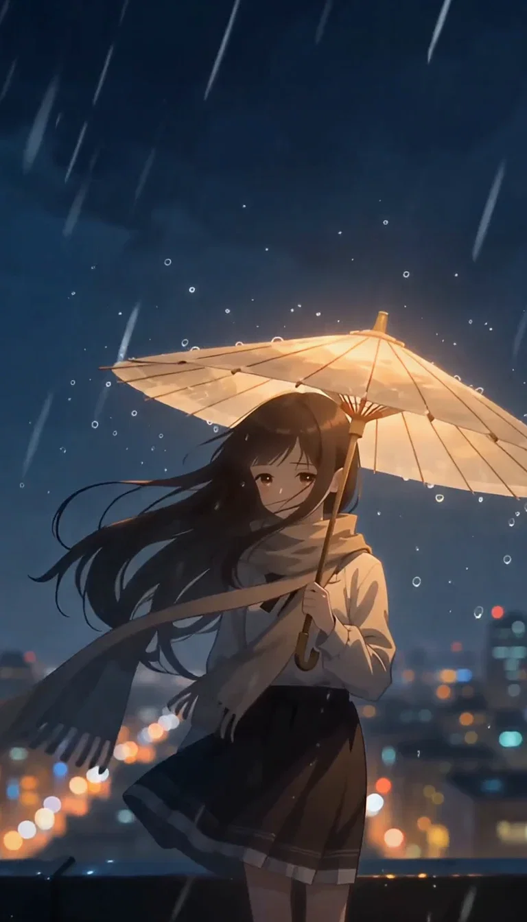 City bokeh glowing far below the rooftop, beat frame from a PixVerse V6 anime take on FluxoKit