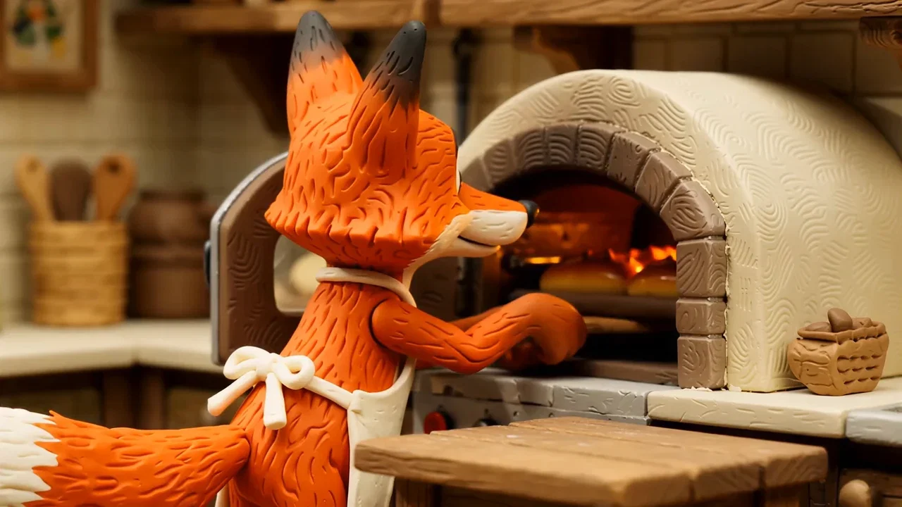 Claymation fox baker pulling miniature bread from a clay oven, generated with PixVerse V6 on FluxoKit