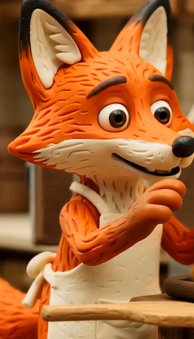 The clay fox baker in fingerprint detail, beat frame from a PixVerse V6 take on FluxoKit
