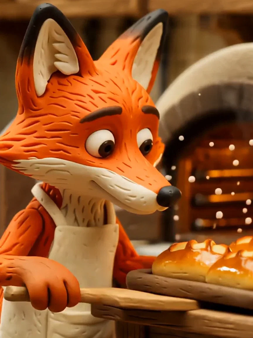 Flour dust puffing in the clay kitchen, beat frame from a PixVerse V6 take on FluxoKit