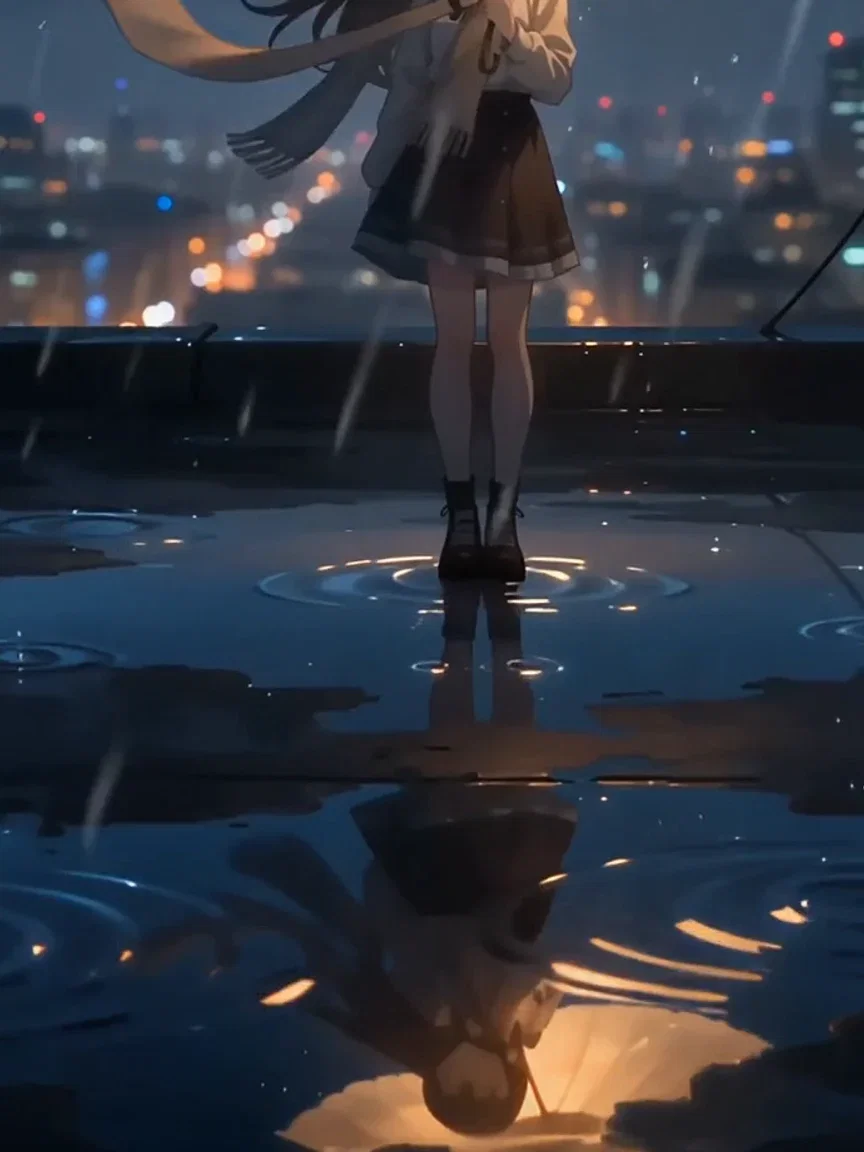City light rippling in rooftop puddles, beat frame from a PixVerse V6 anime take on FluxoKit