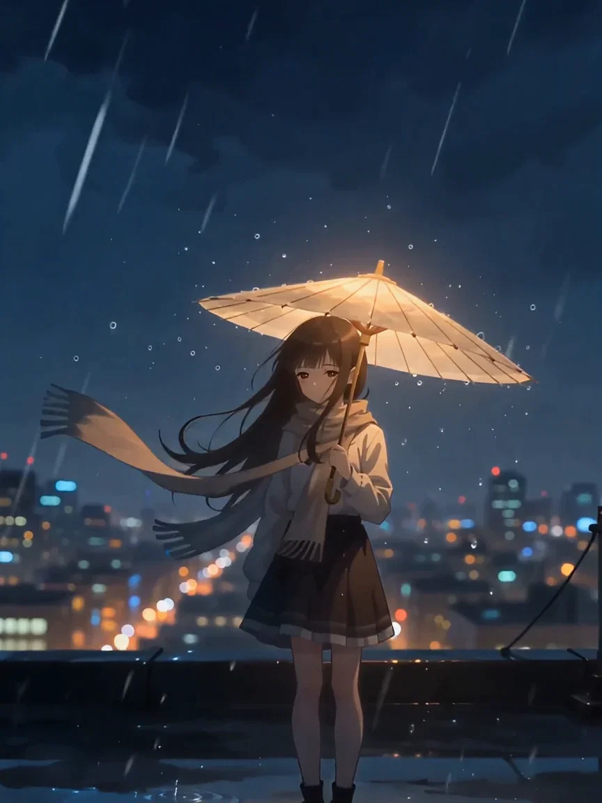 Scarf lifting in the rooftop wind, beat frame from a PixVerse V6 anime take on FluxoKit