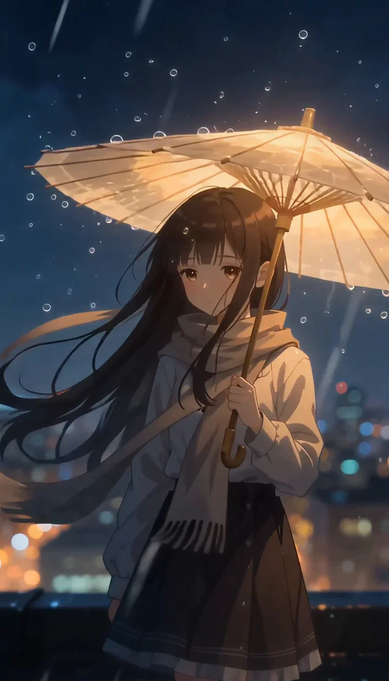 Glowing umbrella over the rainy rooftop, beat frame from a PixVerse V6 anime take on FluxoKit