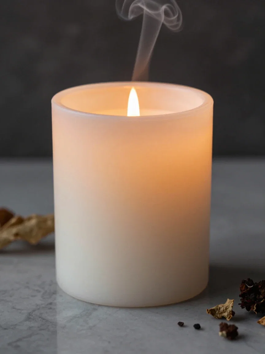 Unbranded pillar candle on marble with a smoke wisp, rendered from the enhanced product prompt on FluxoKit