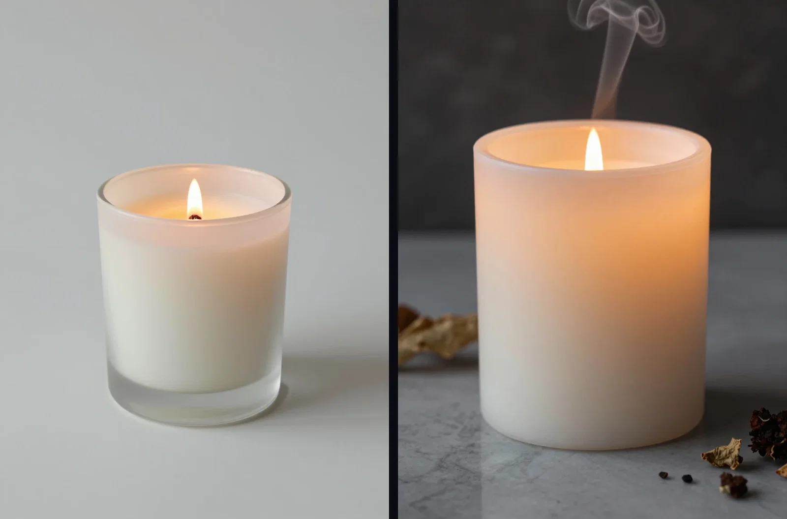 Side by side: a plain votive candle from the weak prompt beside the styled marble product shot from the enhanced prompt, same engine on FluxoKit