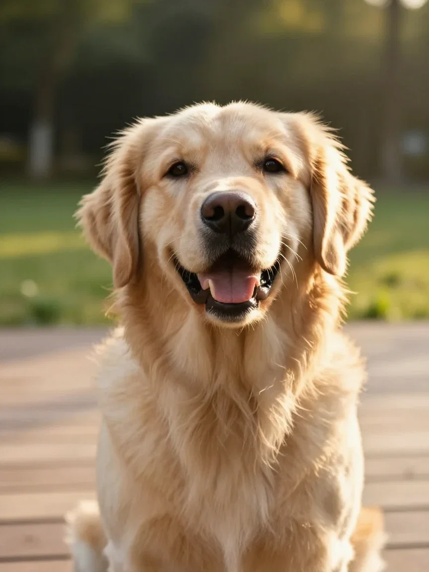 Golden retriever portrait on a sunlit deck at golden hour, rendered from the Prompt Agent's enhanced prompt on FluxoKit