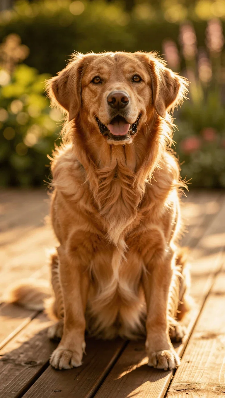 Golden retriever on a garden deck rendered by FLUX 2 Pro from the enhanced prompt on FluxoKit