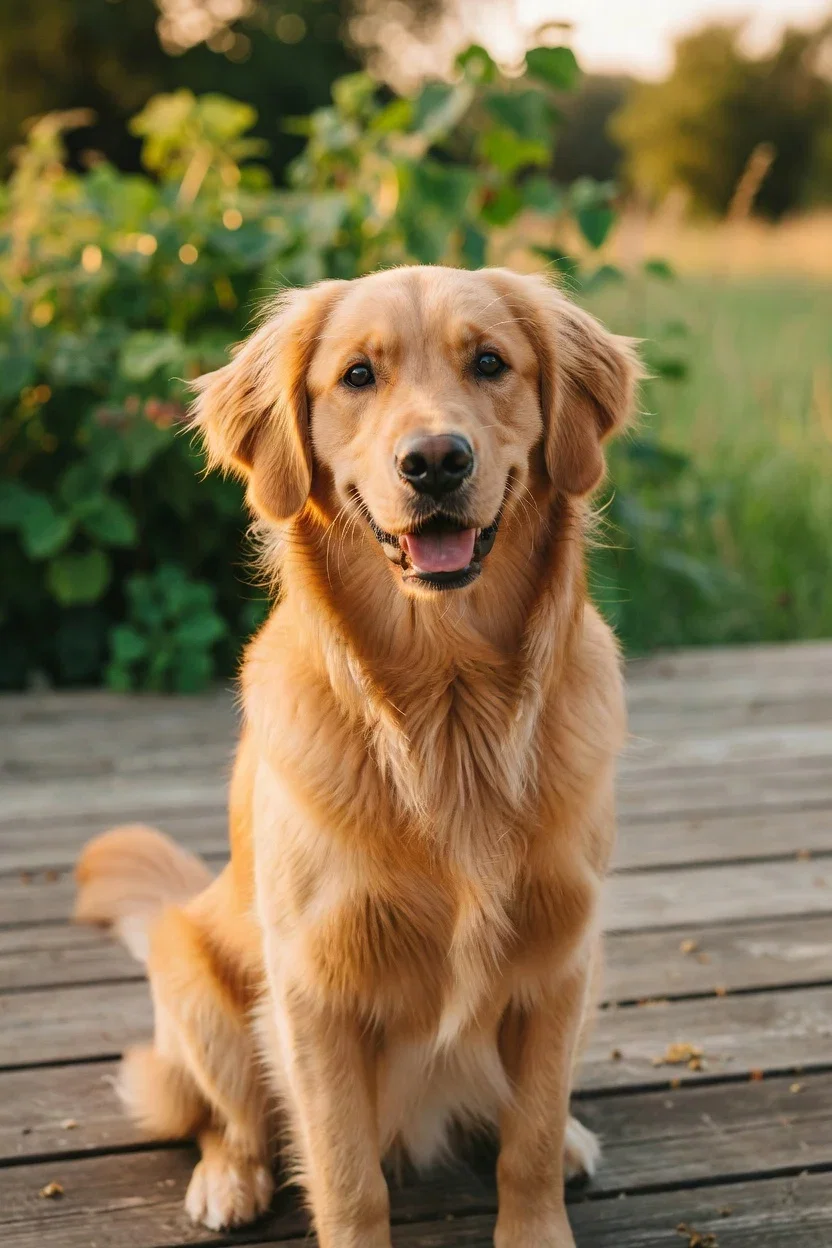 Golden retriever on a wooden deck rendered by Grok Imagine from the same enhanced prompt on FluxoKit