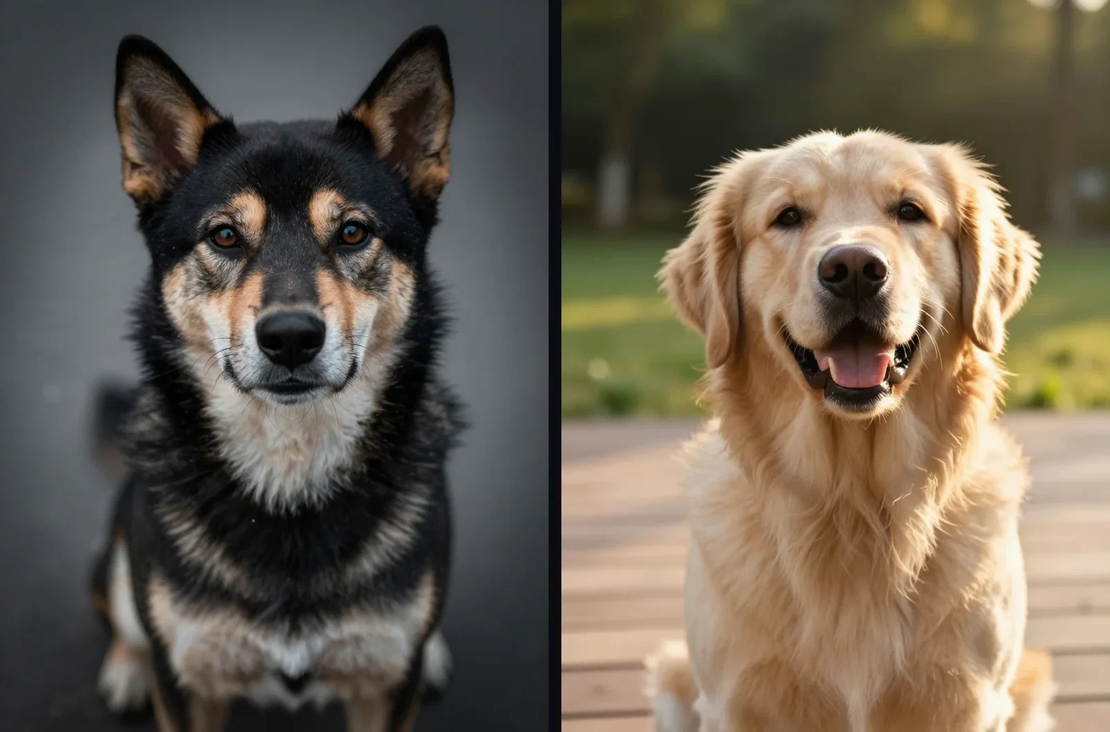 Side by side: the weak prompt's dark studio guess of a black-and-tan dog beside the enhanced prompt's golden retriever at golden hour, same engine on FluxoKit