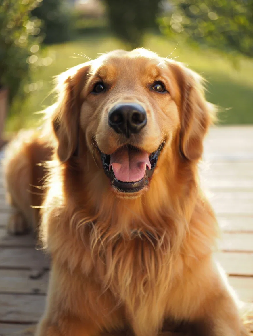 Golden retriever smiling on a path rendered by Reve from the enhanced prompt on FluxoKit