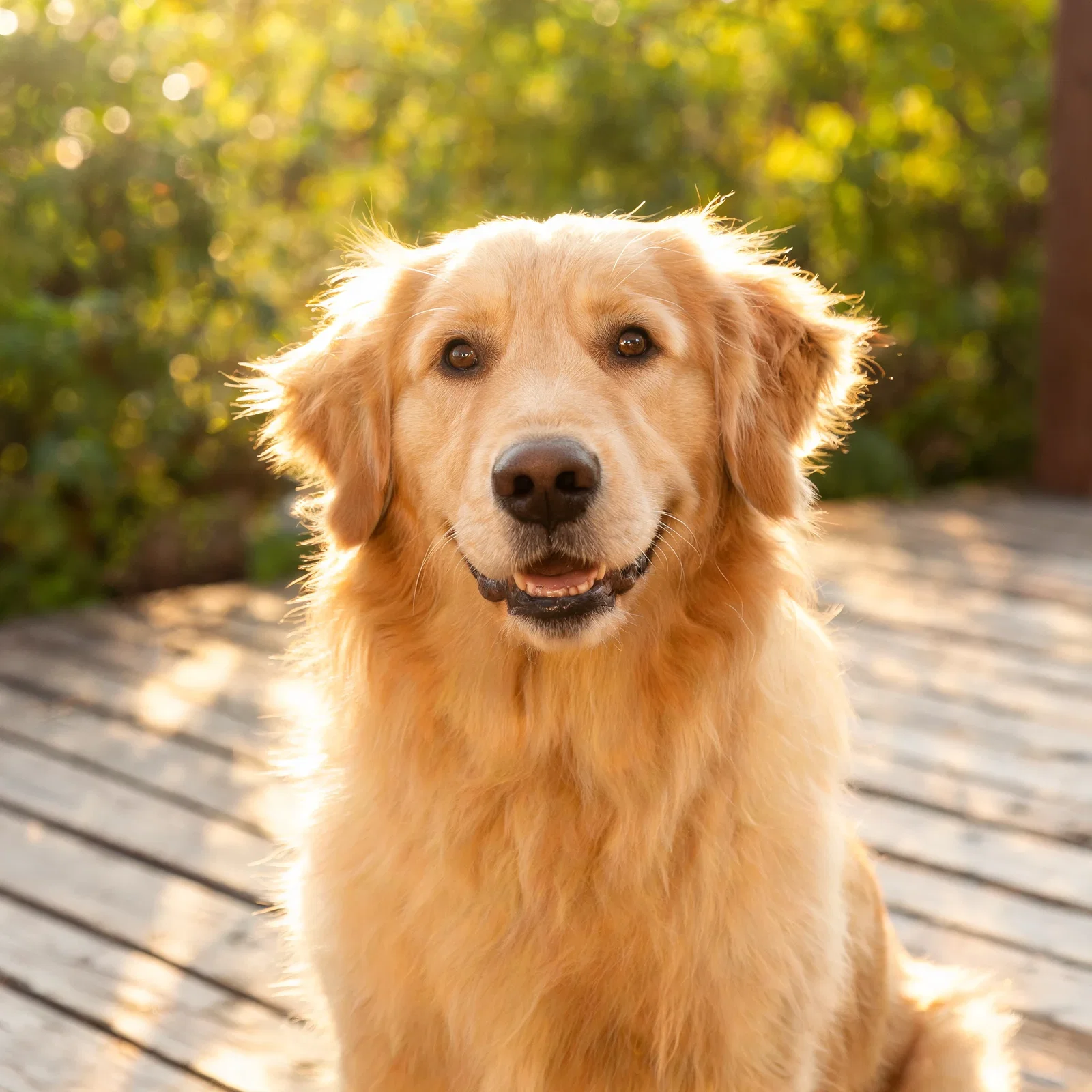 Golden retriever in warm backlight rendered by Seedream 5 from the enhanced prompt on FluxoKit