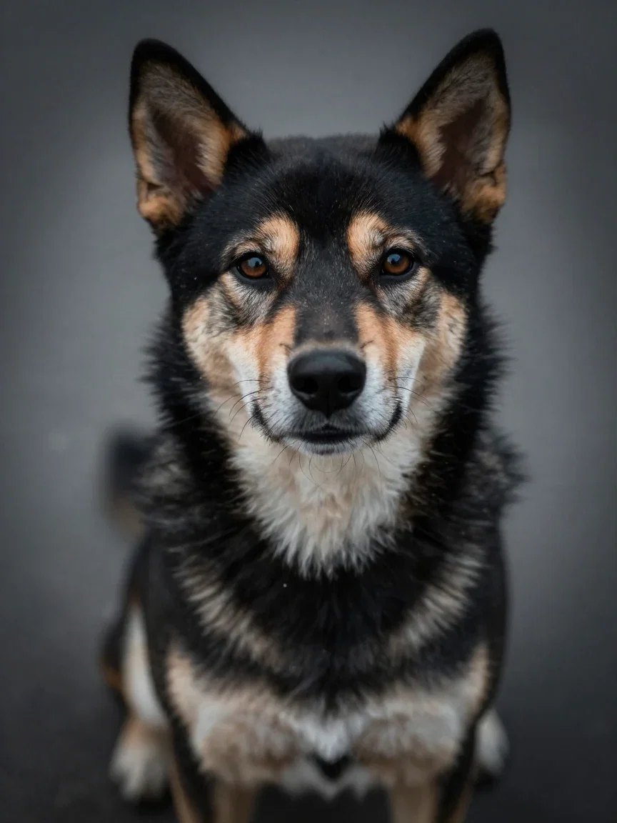 Dark studio portrait of a black-and-tan dog — the engine's guess at the weak five-word prompt on FluxoKit