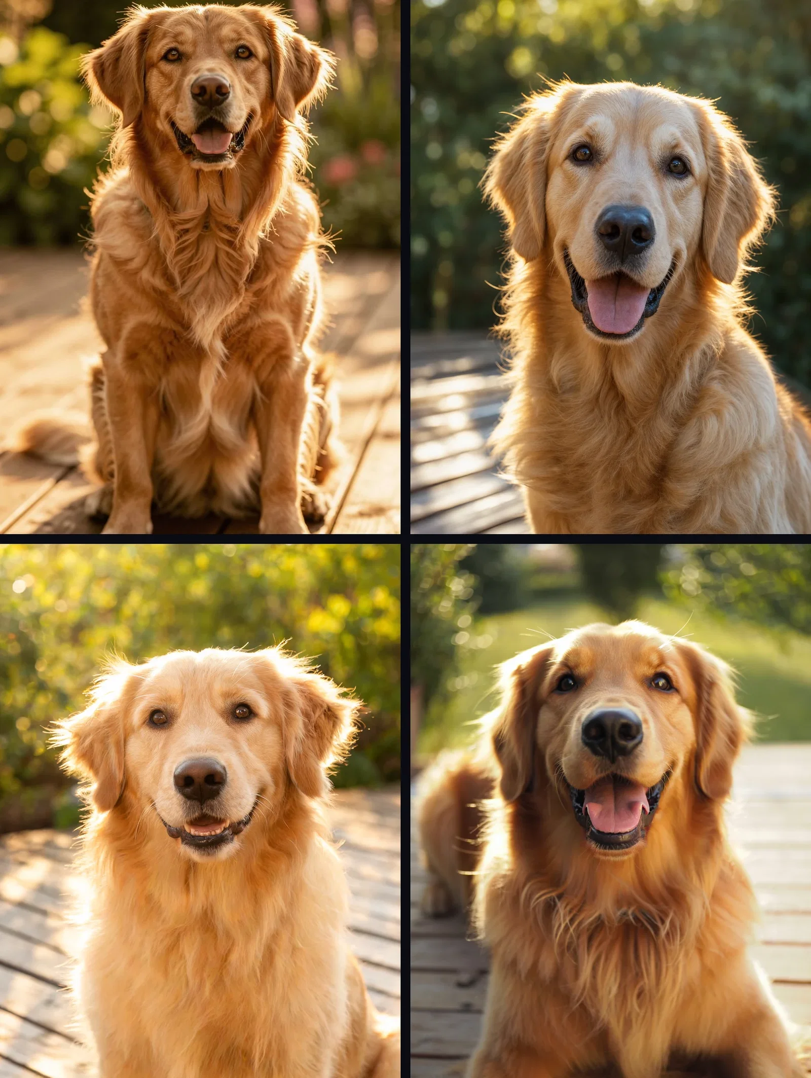 Four golden retriever renders of the same enhanced prompt by FLUX 2 Pro, GPT Image 2, Seedream 5, and Reve on FluxoKit