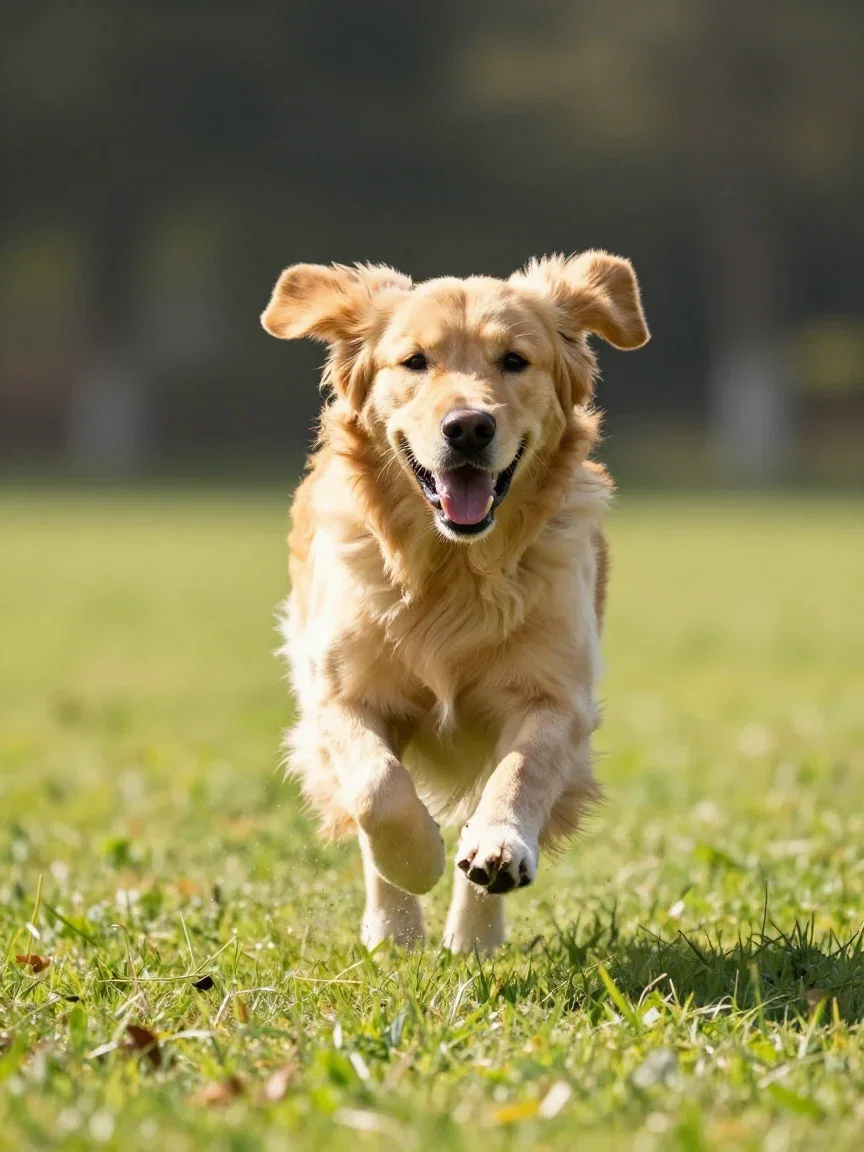 Golden retriever sprinting across grass with all four paws off the ground after the action refinement on FluxoKit