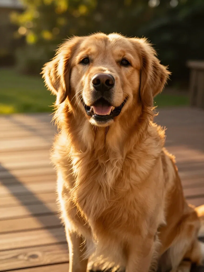 Golden retriever with warm rim light after the golden-hour refinement on FluxoKit