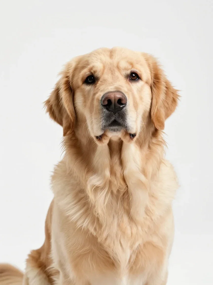 Golden retriever on a seamless white studio backdrop after the studio refinement on FluxoKit