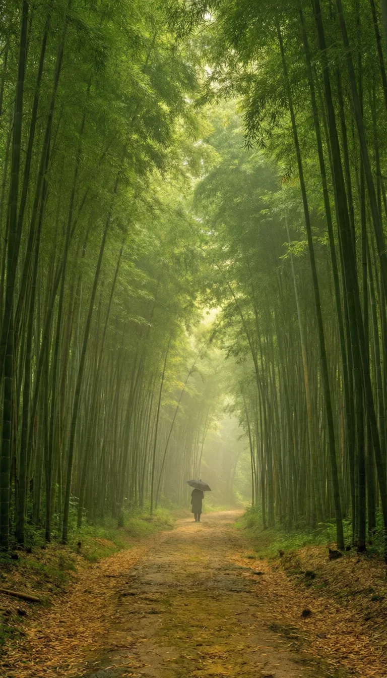 Path through a towering bamboo grove with light shafts, generated with Qwen Image 2.0 Pro on FluxoKit