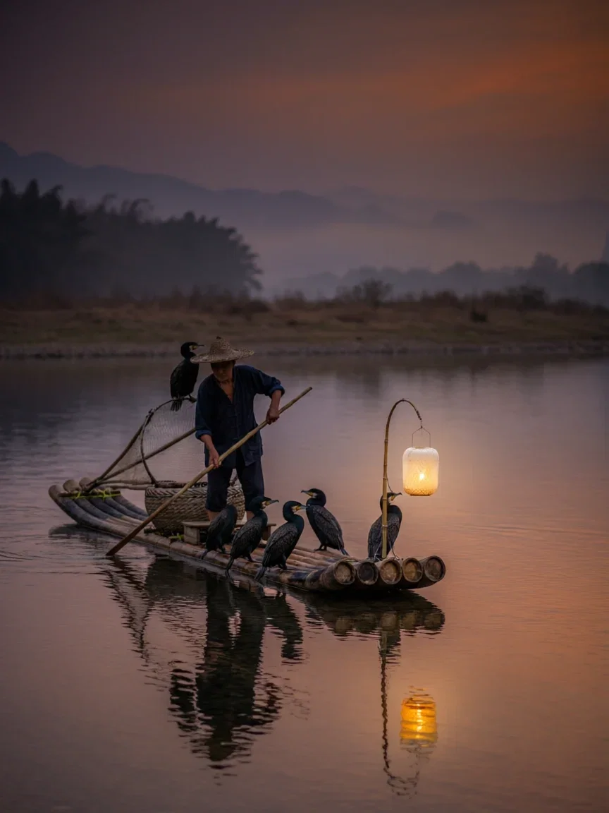 Cormorant fisherman poling a raft by lantern glow at dusk, generated with Qwen Image 2.0 Pro on FluxoKit