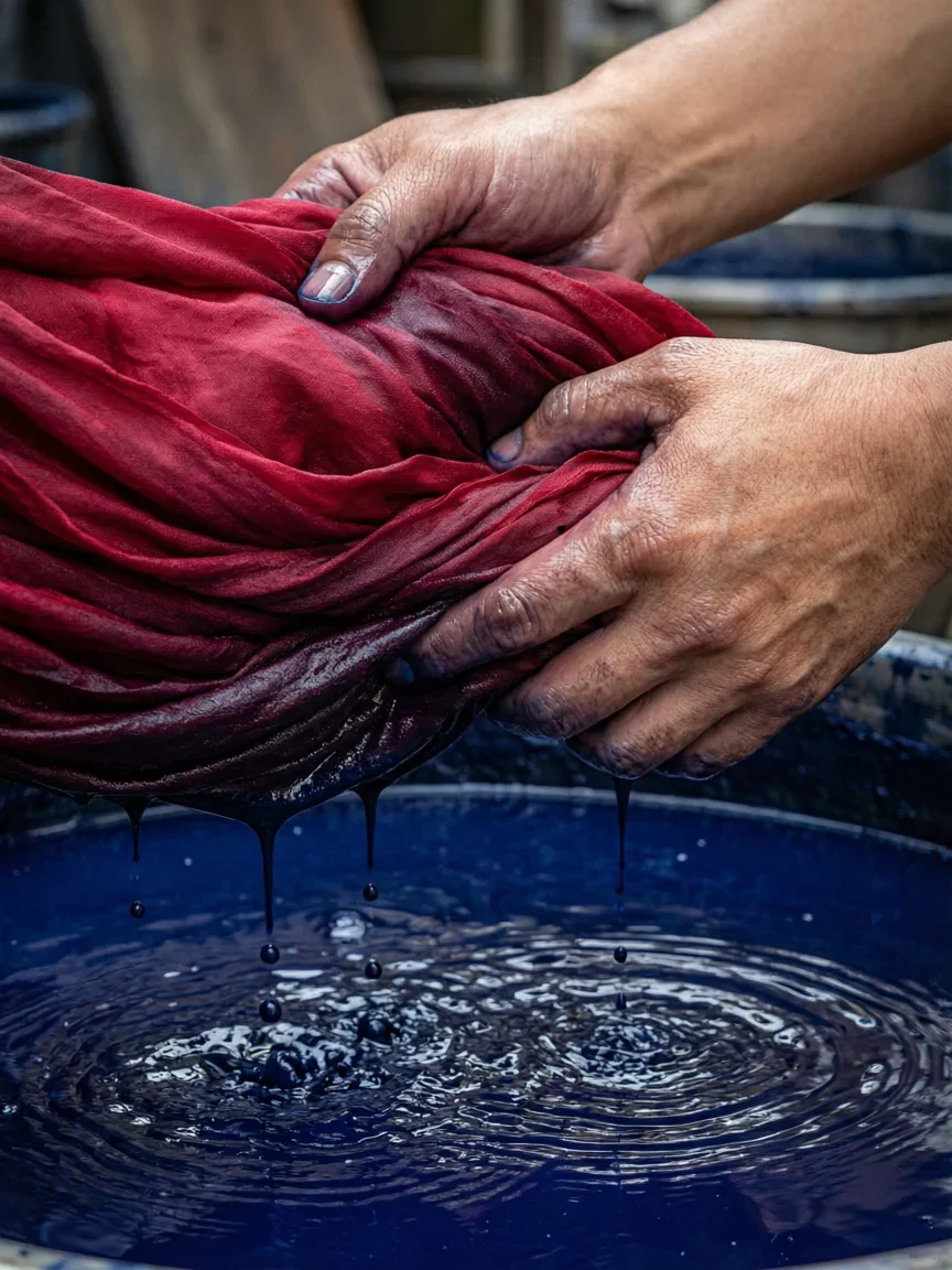 Hands lifting crimson silk from an indigo dye vat, generated with Qwen Image 2.0 Pro on FluxoKit