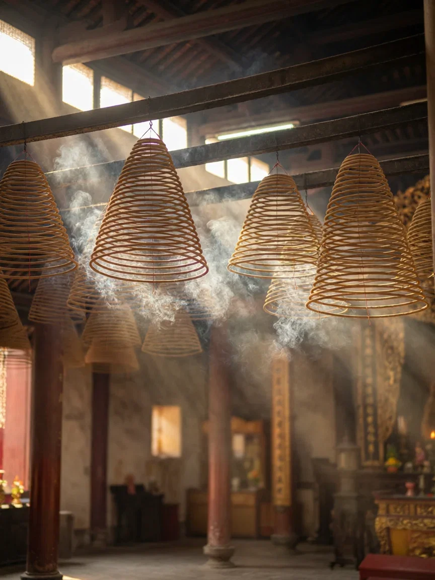 Plain spiral incense coils in temple light shafts, generated with Qwen Image 2.0 Pro on FluxoKit