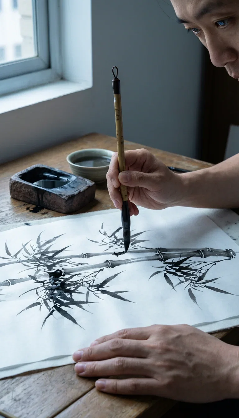 Artist painting bamboo in ink wash with brush mid-stroke, generated with Qwen Image 2.0 Pro on FluxoKit