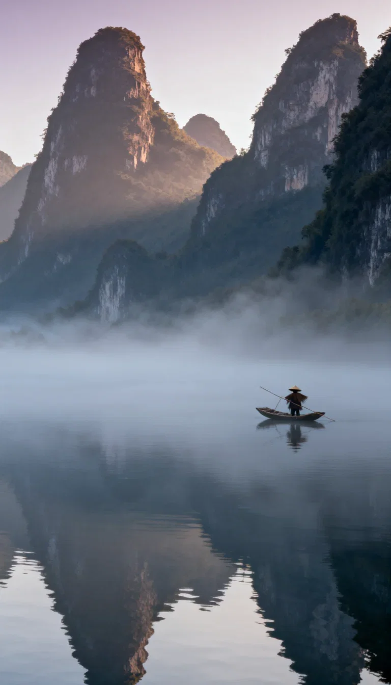 Karst peaks over a glassy river with a lone boat at dawn, generated with Qwen Image 2.0 Pro on FluxoKit