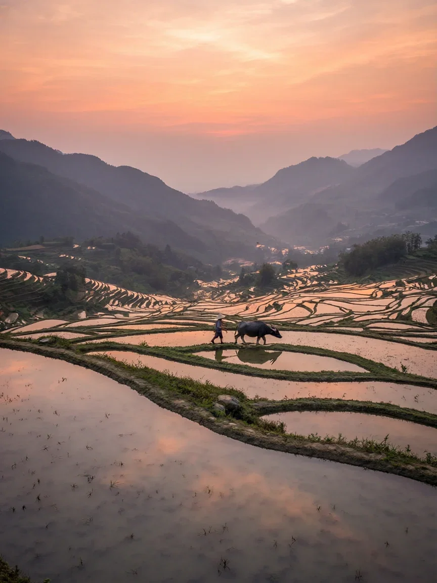 Flooded rice terraces mirroring a peach sunrise, generated with Qwen Image 2.0 Pro on FluxoKit