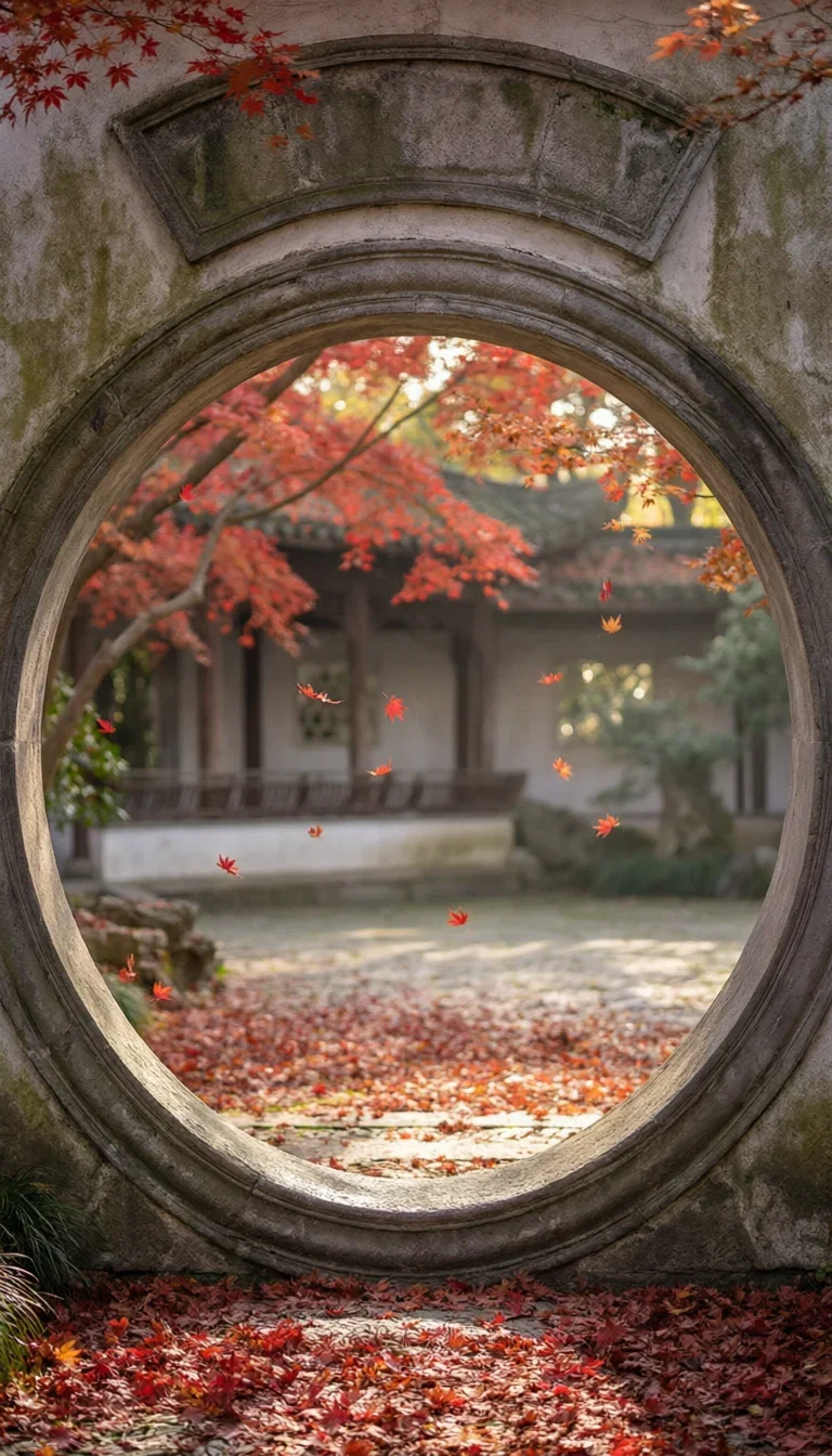 Moon gate framing an autumn courtyard with drifting maple leaves, generated with Qwen Image 2.0 Pro on FluxoKit