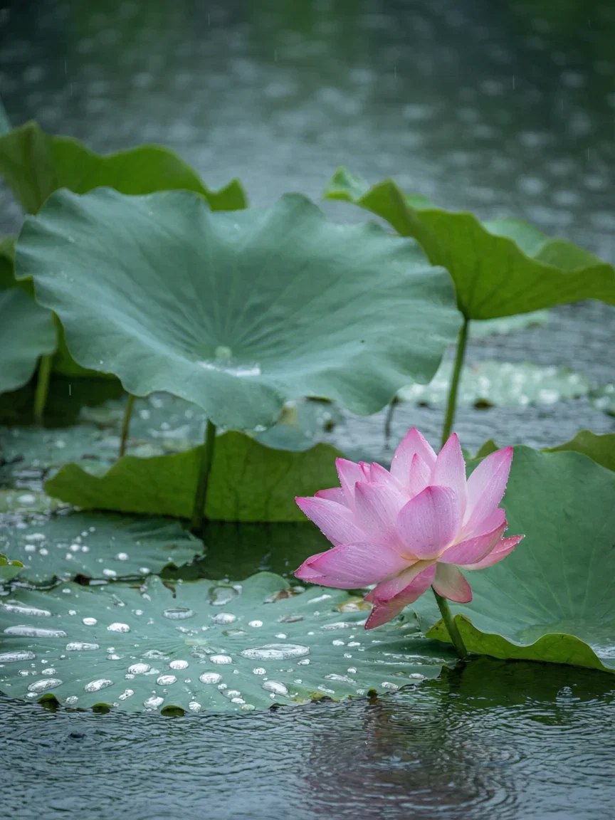 Rain dimpling a lotus pond with one pink bloom, generated with Qwen Image 2.0 Pro on FluxoKit