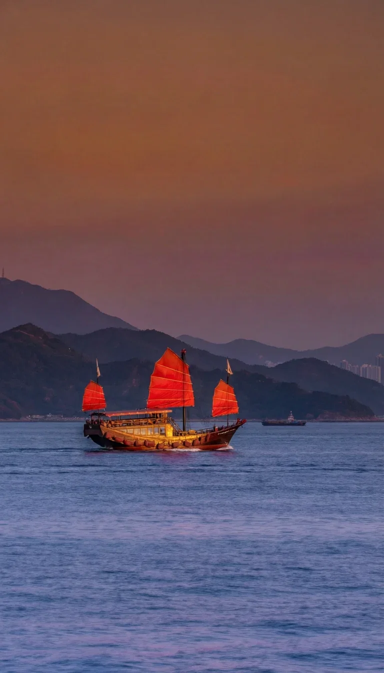 Red-sail junk boat crossing an indigo harbor at dusk, generated with Qwen Image 2.0 Pro on FluxoKit