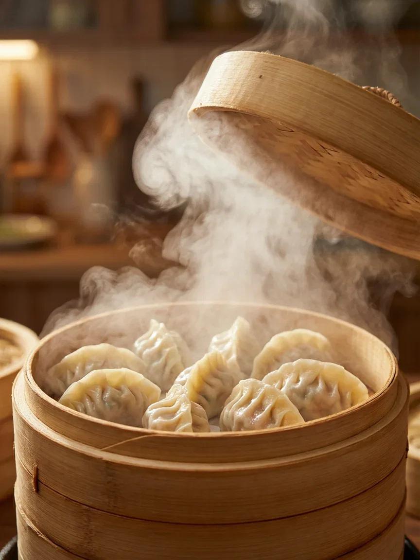 Bamboo steamers opening with a burst of steam over dumplings, generated with Qwen Image 2.0 Pro on FluxoKit