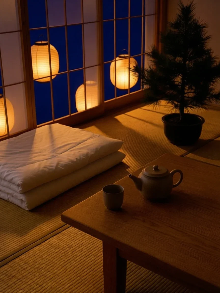 The same tatami room turned lantern-lit night by one instruction, edited with Qwen Image Edit on FluxoKit