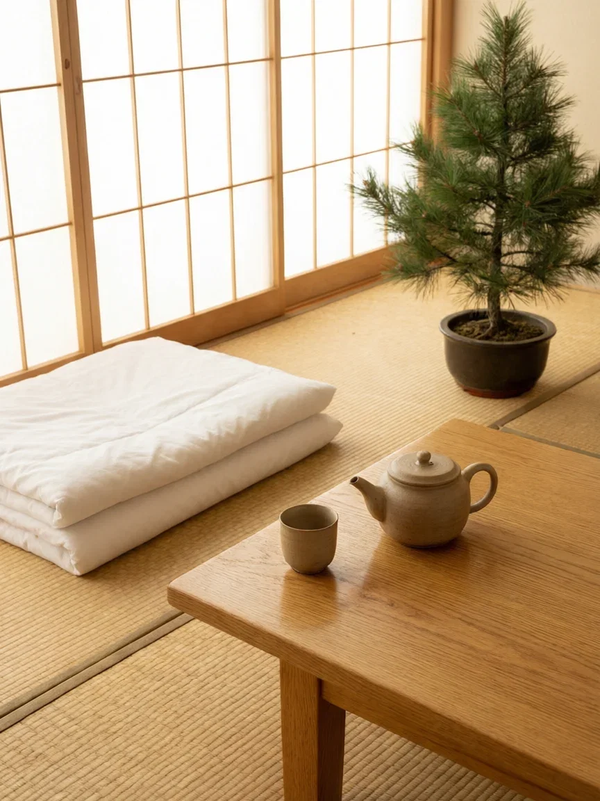 Minimal tatami room at midday with low table and glowing shoji, generated with Qwen Image 2.0 Pro on FluxoKit