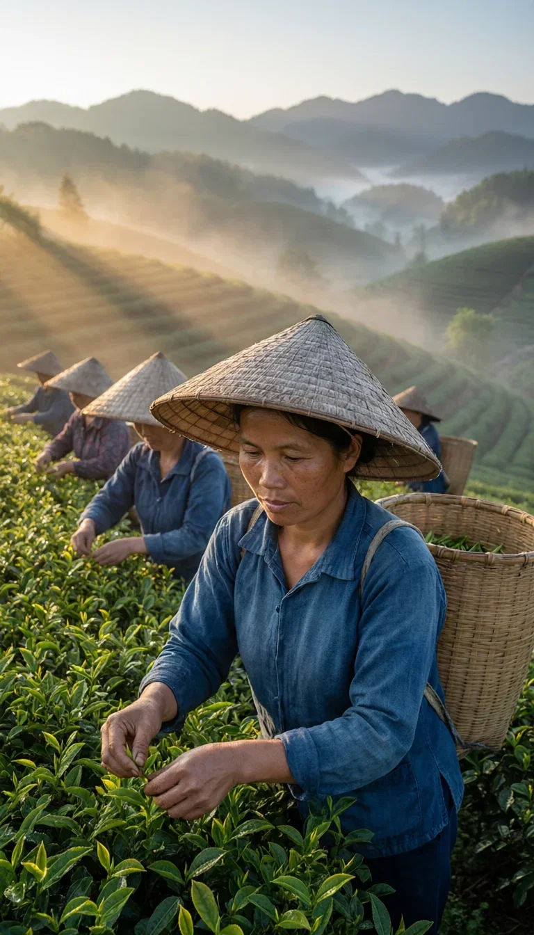 Tea pickers with baskets on terraced rows in dawn mist, generated with Qwen Image 2.0 Pro on FluxoKit