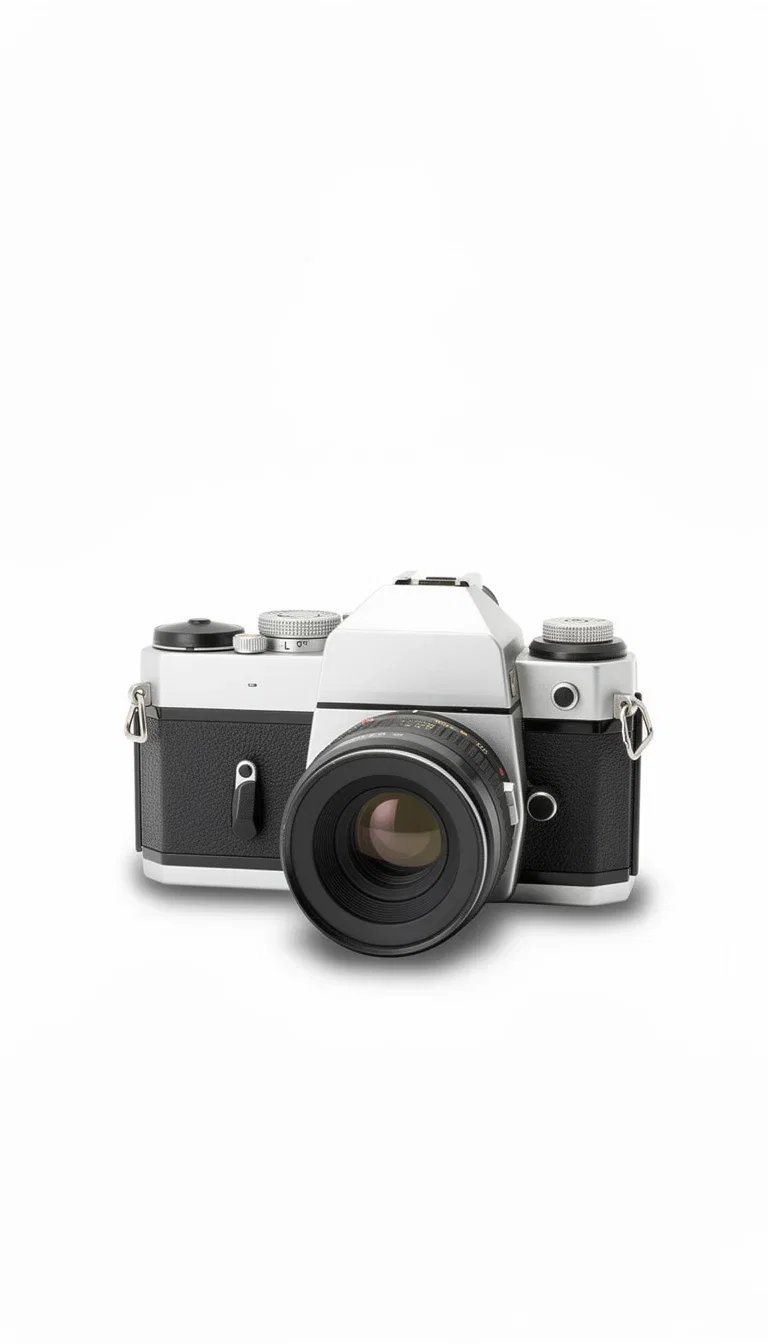 The same vintage camera delivered on pure white with a soft product shadow after background removal on FluxoKit