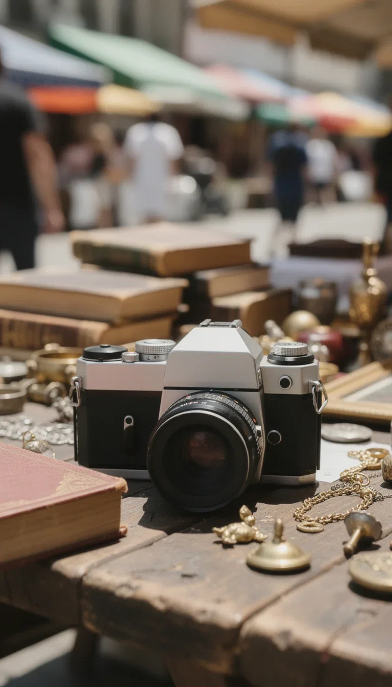 Vintage film camera photographed on a cluttered flea-market table before background removal on FluxoKit