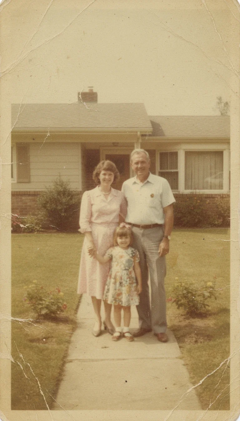 Faded 1970s family photograph with scratches, creases and yellowed colors before AI restoration on FluxoKit