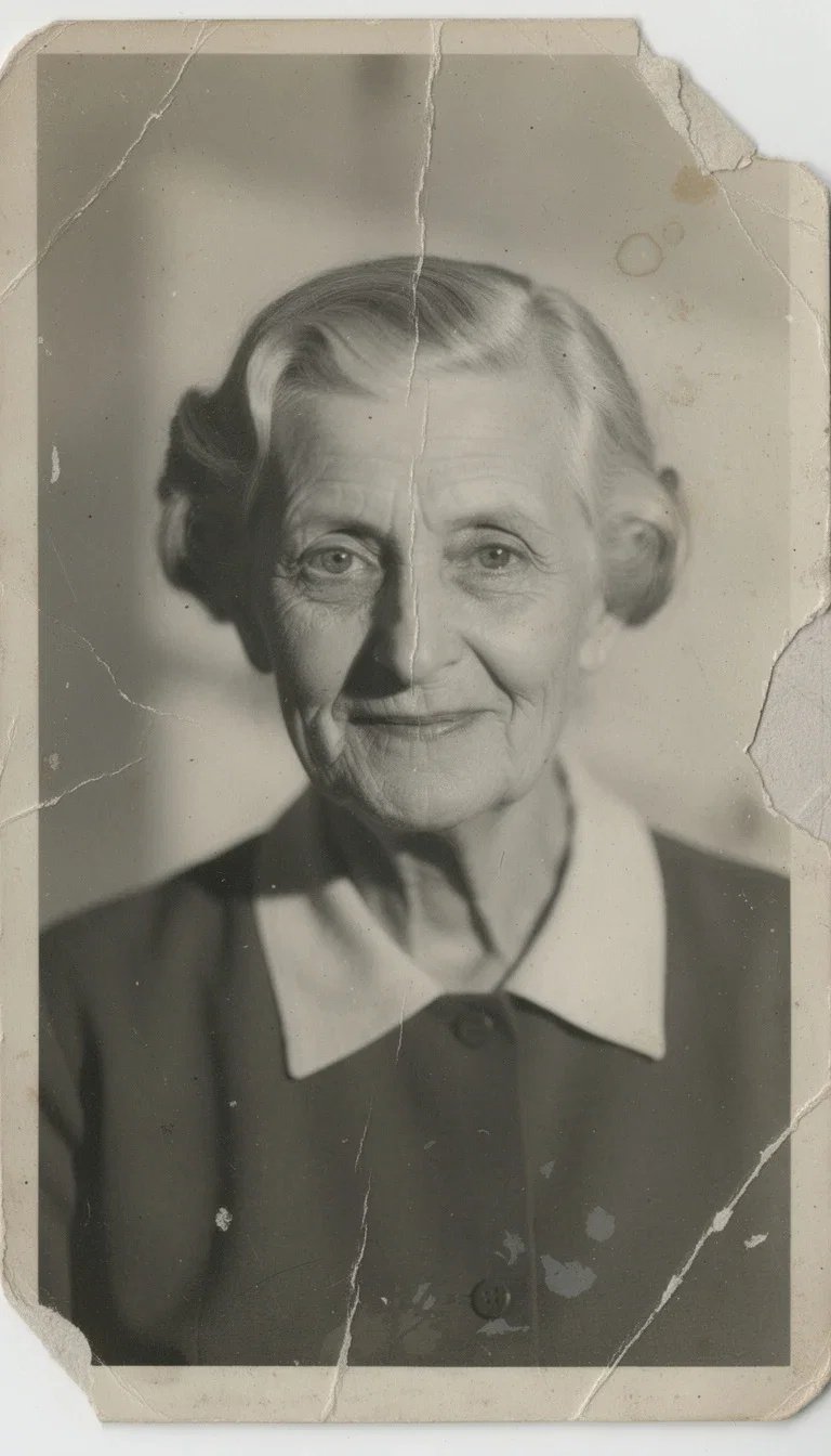 Damaged black-and-white 1950s portrait with a torn corner and heavy scratches before AI restoration on FluxoKit