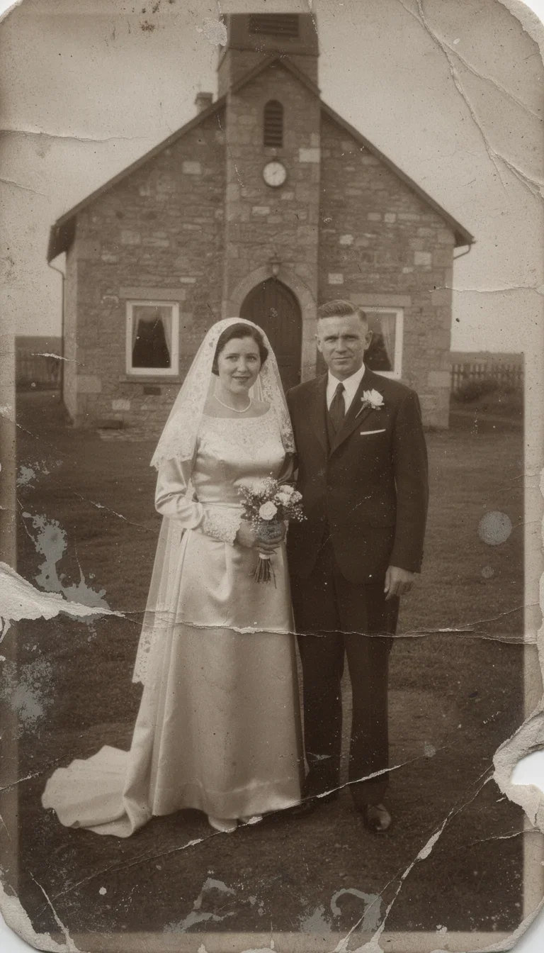 Creased and torn 1950s wedding photograph of a couple outside a stone church before AI restoration on FluxoKit