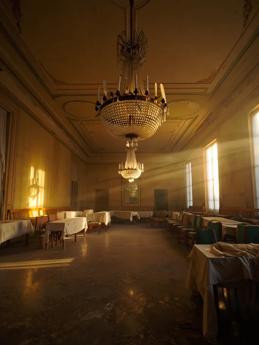 Lit crystal chandelier in a derelict ballroom with dust sheets, generated with Reve on FluxoKit