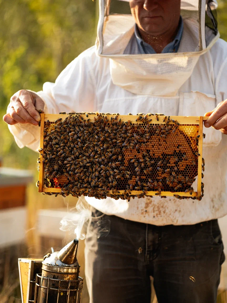 Beekeeper lifting a frame heavy with bees in smoker haze, generated with Reve on FluxoKit