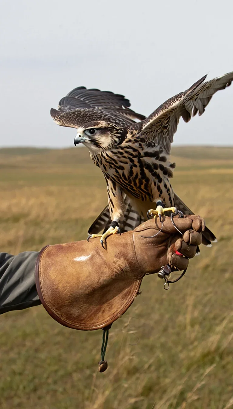 Falcon landing wings-flared on a falconer's gauntlet on a windy steppe, generated with Reve on FluxoKit