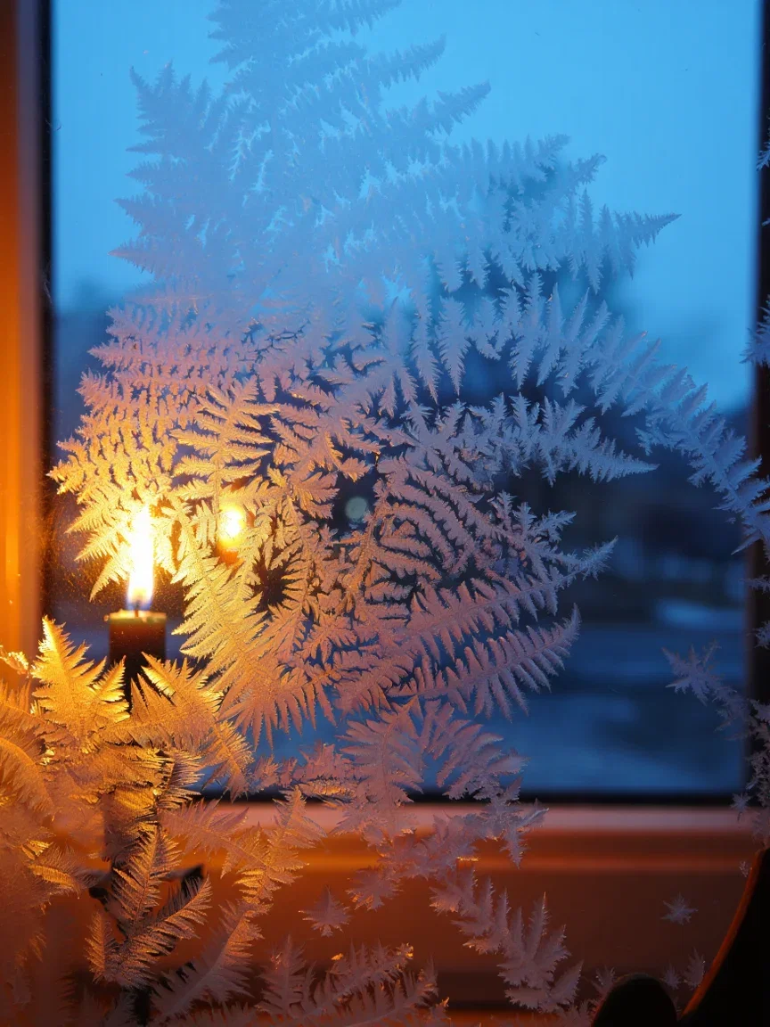 Frost ferns on a windowpane with a candle glowing behind, generated with Reve on FluxoKit