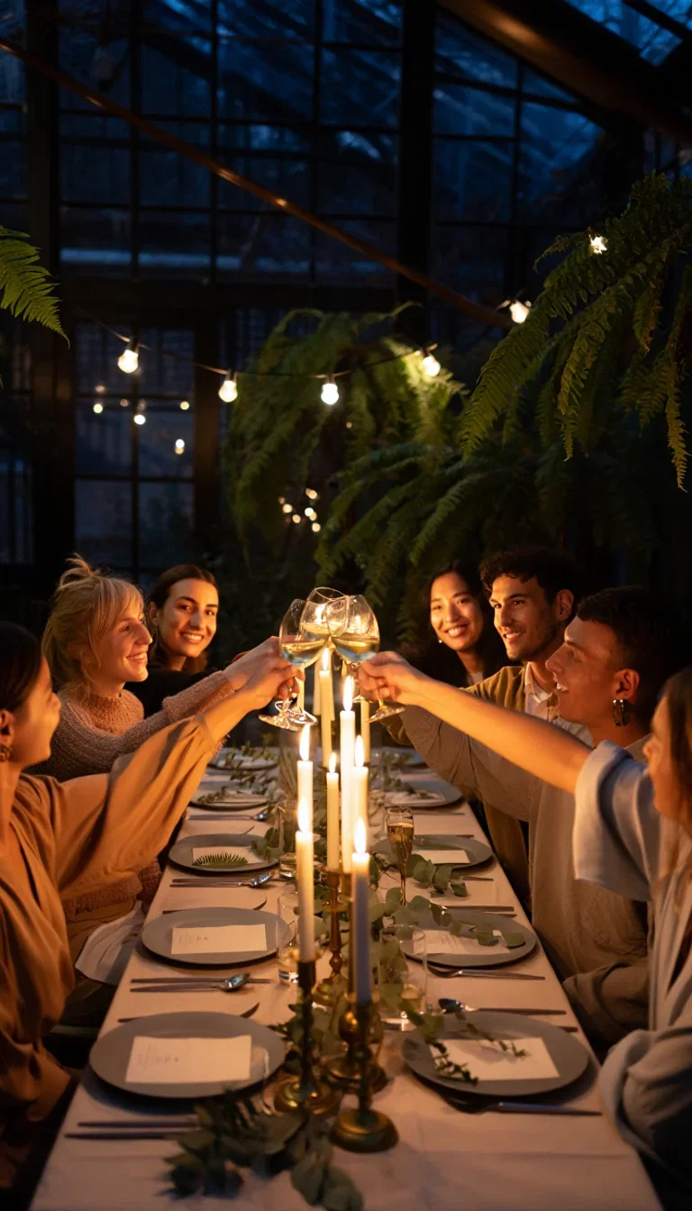 Candlelit dinner mid-toast inside a glasshouse at night, generated with Reve on FluxoKit