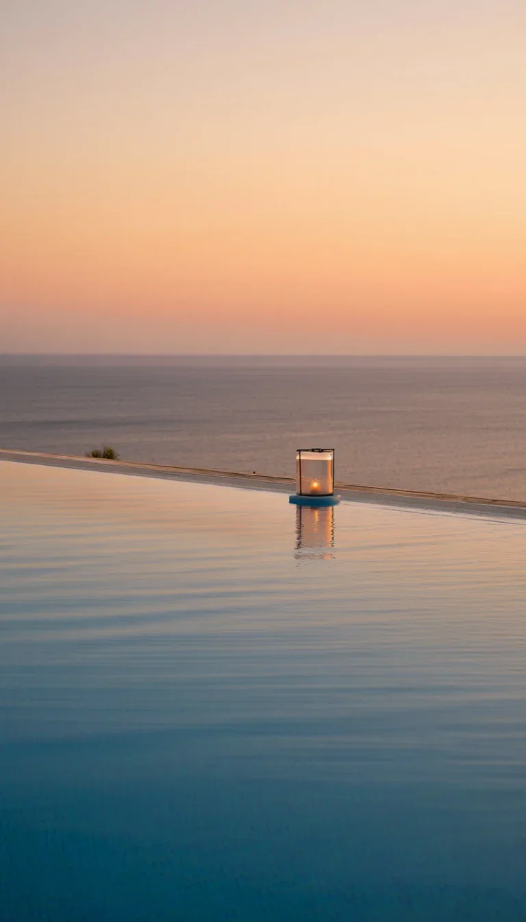 Empty infinity pool edge merging into the sea at dusk with a floating lantern, generated with Reve on FluxoKit