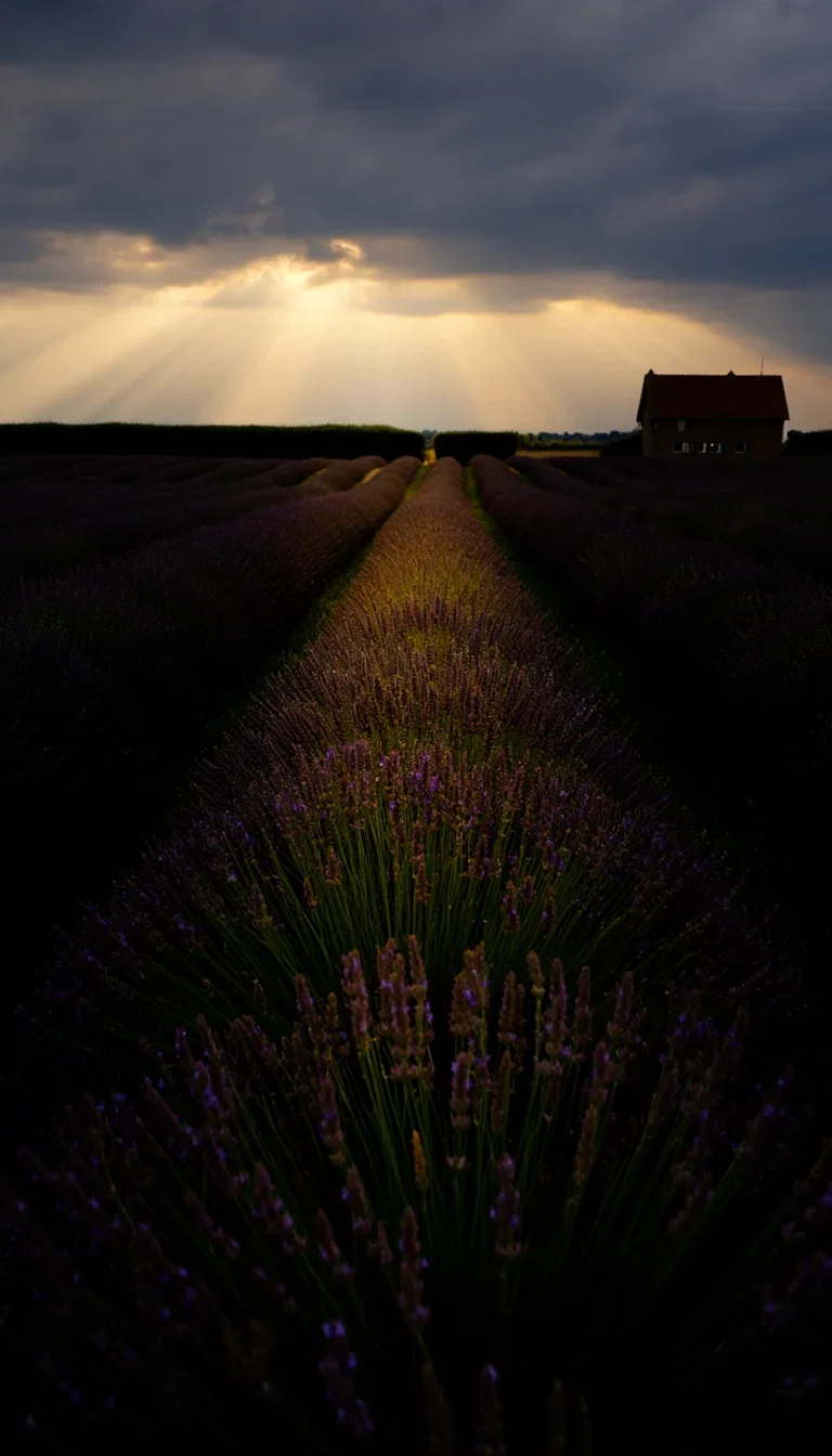 Lavender rows under storm light with one sun shaft, generated with Reve on FluxoKit